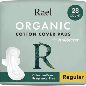 rael organic cotton cover sanitary towels regular absorbency, ultra thin period pads with wings for women, unscented, hypoallergenic, vegan (regular, 28 count)