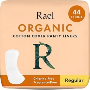 rael organic cotton cover panty liners for women light absorbency, vegan, cruelty free, hypoallergenic, unscented, chlorine free (regular, 44 count)